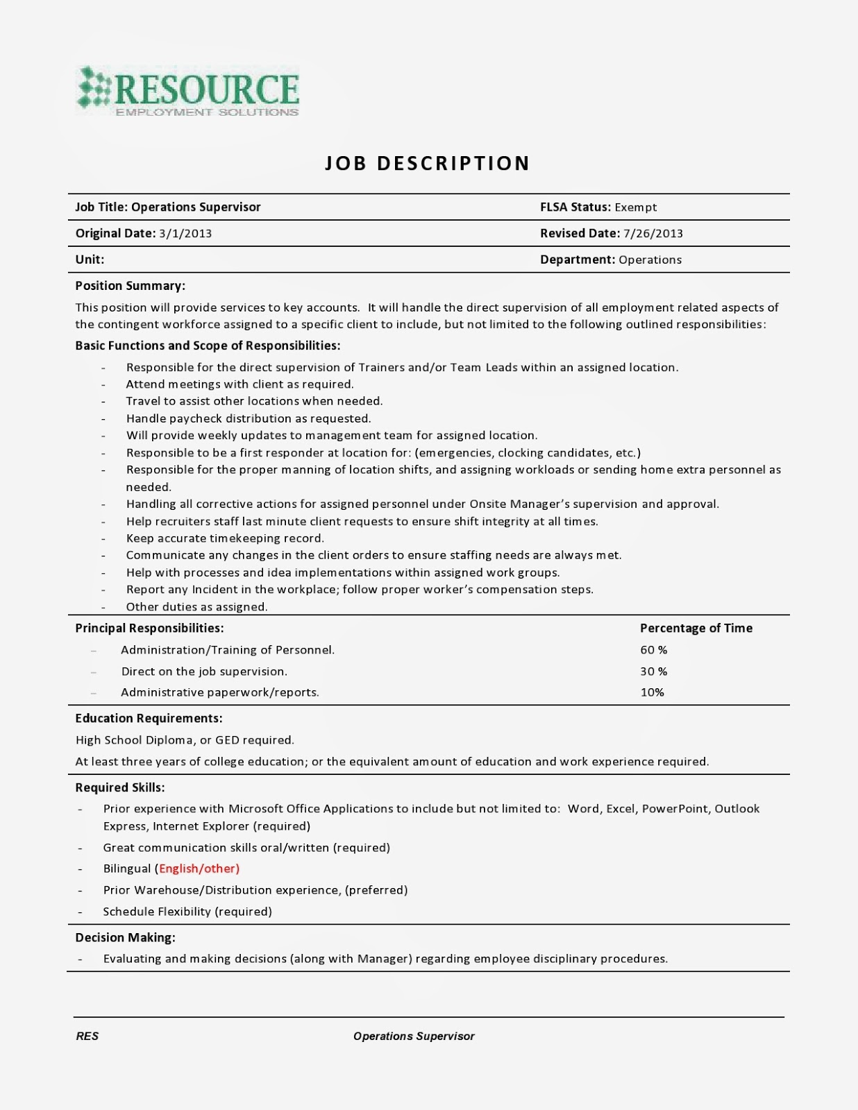 Sample of resume for restaurant supervisor